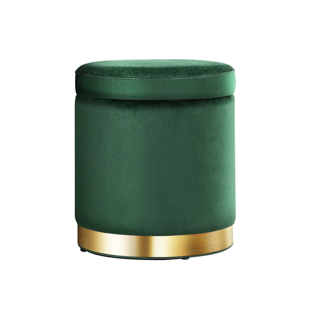 Elegant Green Velvet Storage Ottoman with Gold Accents and Soft Seat