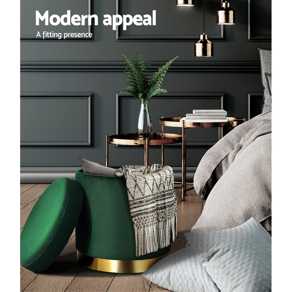 Elegant Green Velvet Storage Ottoman with Gold Accents and Soft Seat