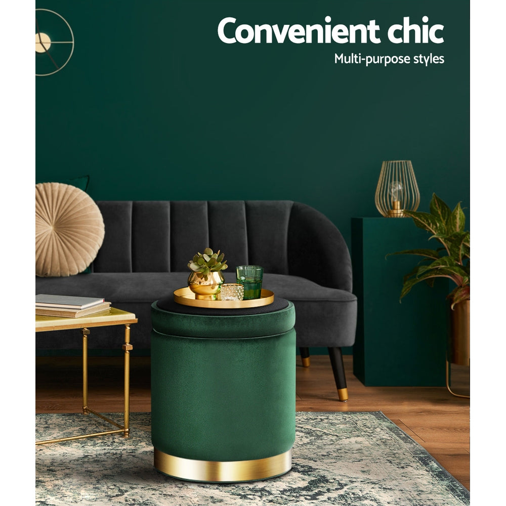 Elegant Green Velvet Storage Ottoman with Gold Accents and Soft Seat