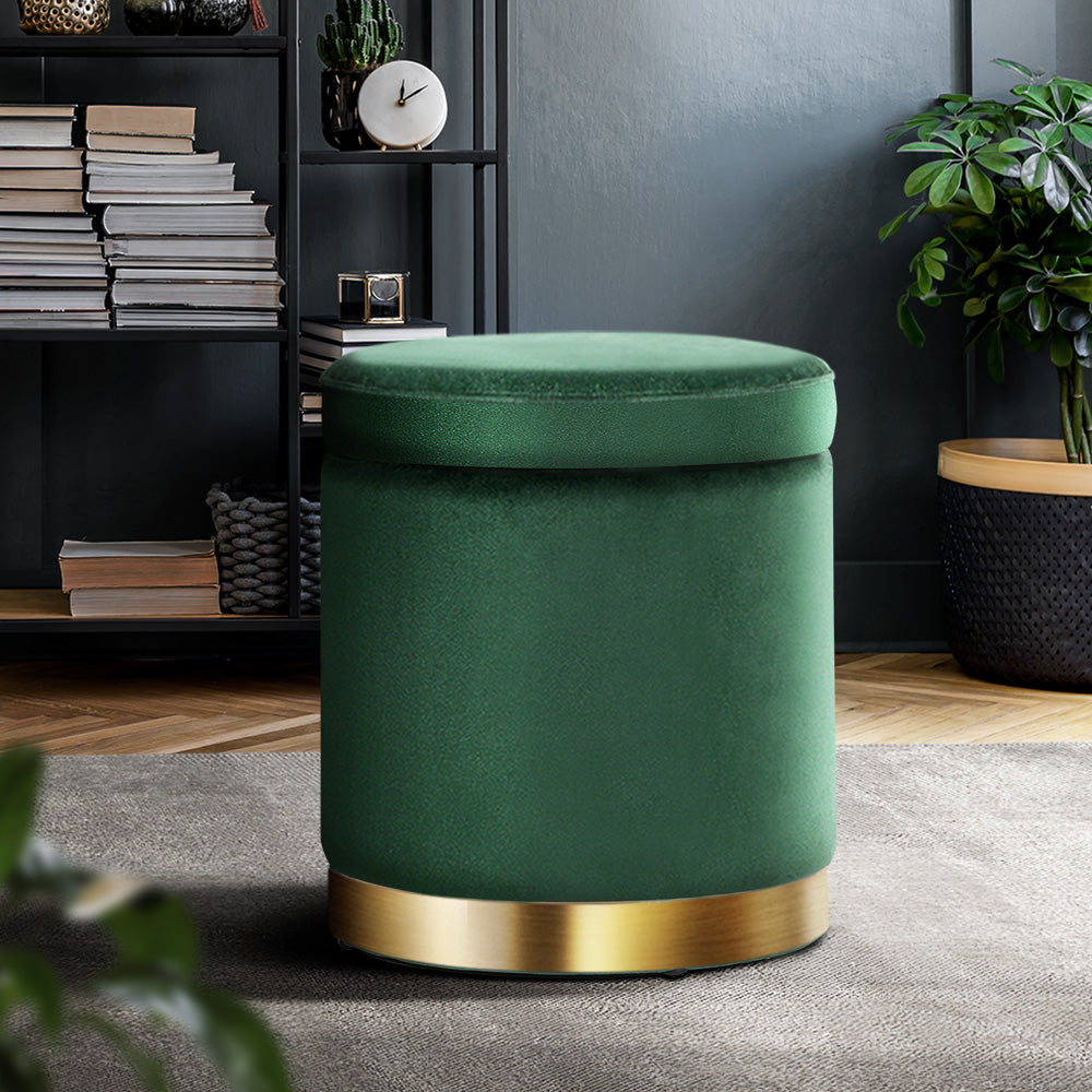 Elegant Green Velvet Storage Ottoman with Gold Accents and Soft Seat