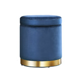 Navy Velvet Storage Ottoman with Tufted Seat and Stainless Steel Accent - 45-Degree Angle