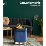 Navy Velvet Storage Ottoman with Tufted Seat and Stainless Steel Accent - Low Angle