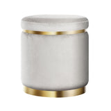 Elegant Grey Velvet Round Footstool with Gold Accents and Floor Protector - Front View