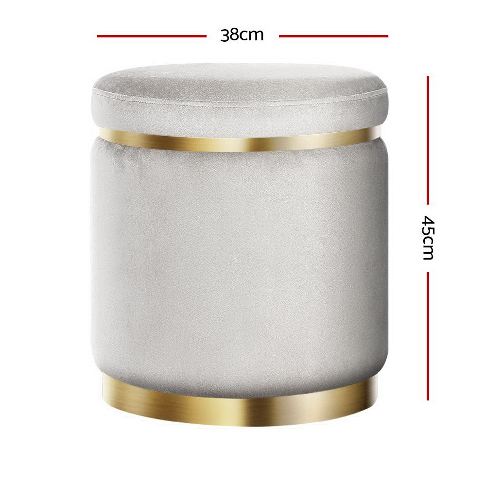 Elegant Grey Velvet Round Footstool with Gold Accents and Floor Protector