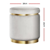 Elegant Grey Velvet Round Footstool with Gold Accents and Floor Protector - Side View