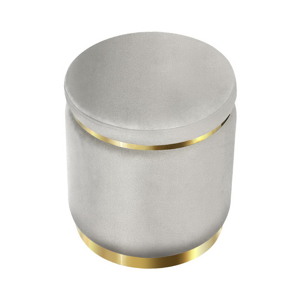 Elegant Grey Velvet Round Footstool with Gold Accents and Floor Protector