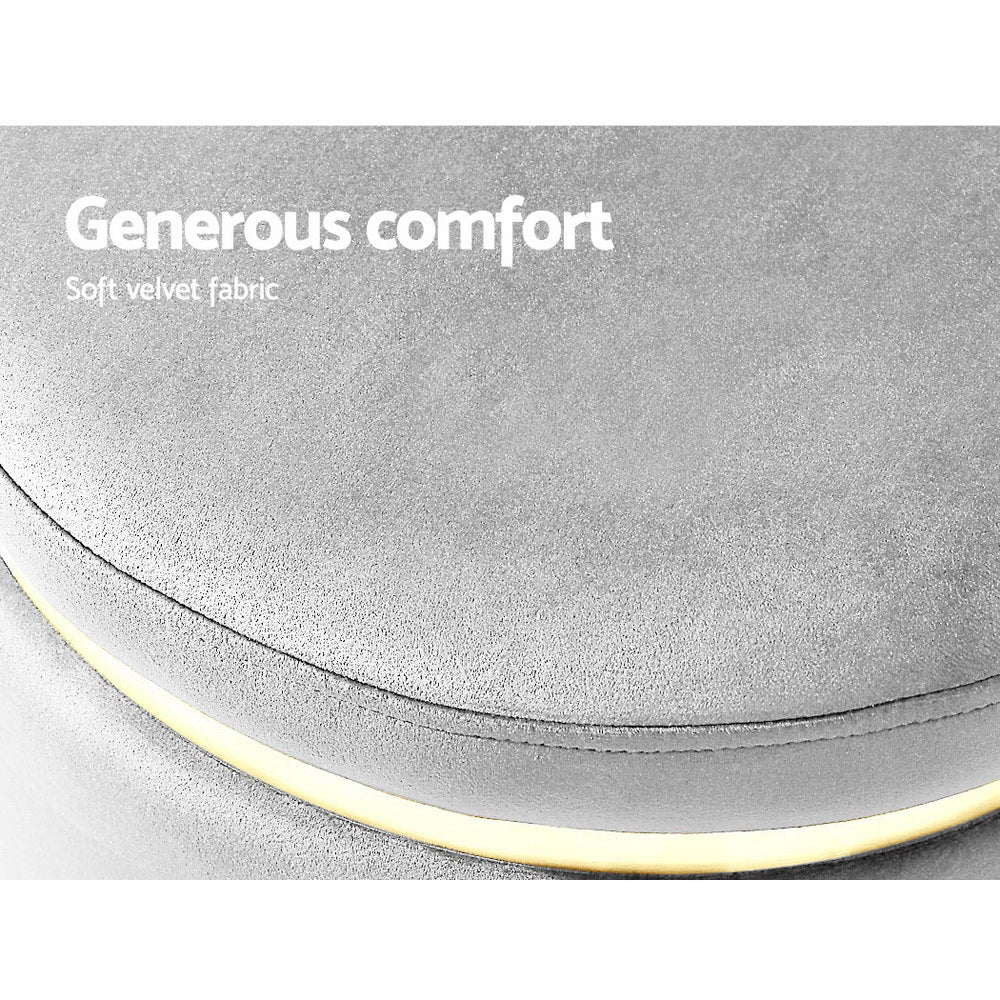 Elegant Grey Velvet Round Footstool with Gold Accents and Floor Protector