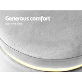 Elegant Grey Velvet Round Footstool with Gold Accents and Floor Protector - Close-Up Angle