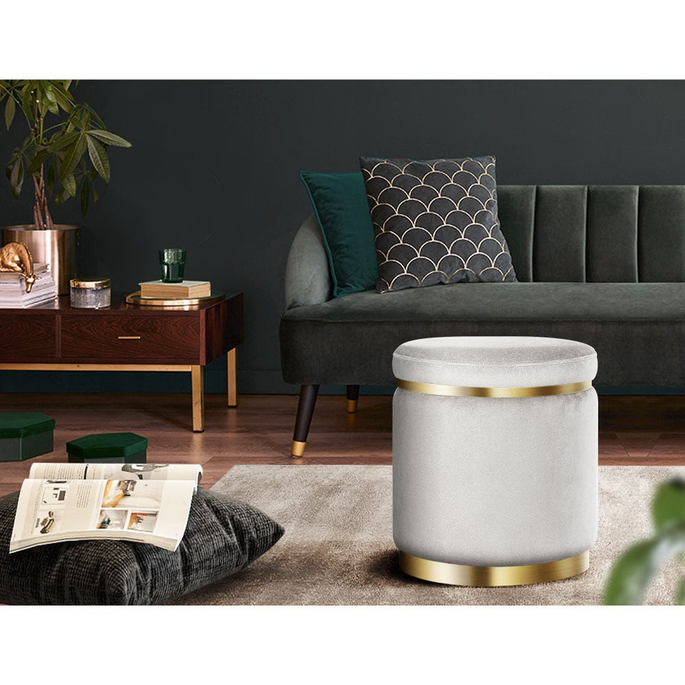 Elegant Grey Velvet Round Footstool with Gold Accents and Floor Protector