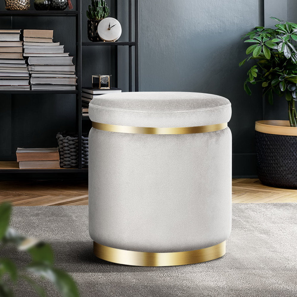 Elegant Grey Velvet Round Footstool with Gold Accents and Floor Protector