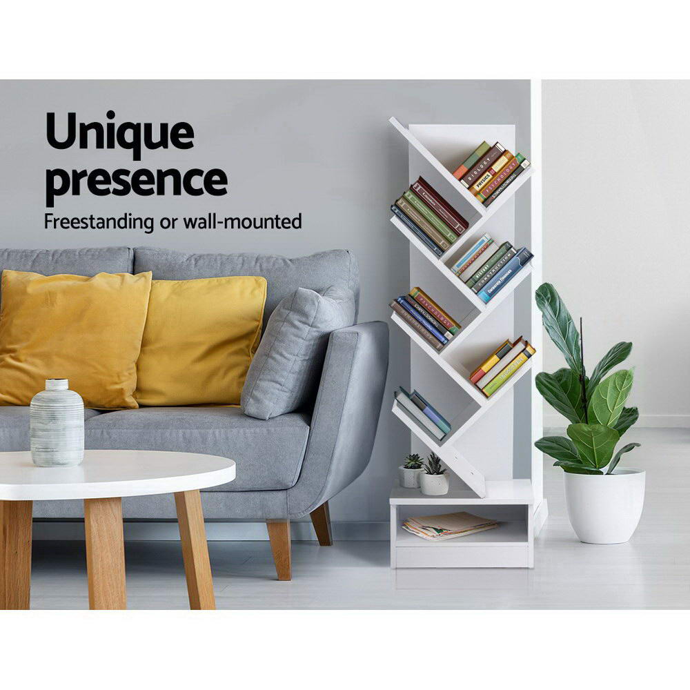 Creative 7-Tier Tree-Shaped Bookshelf - Elegant White Storage Rack for Books and Displays