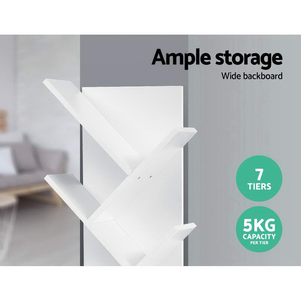 Creative 7-Tier Tree-Shaped Bookshelf - Elegant White Storage Rack for Books and Displays