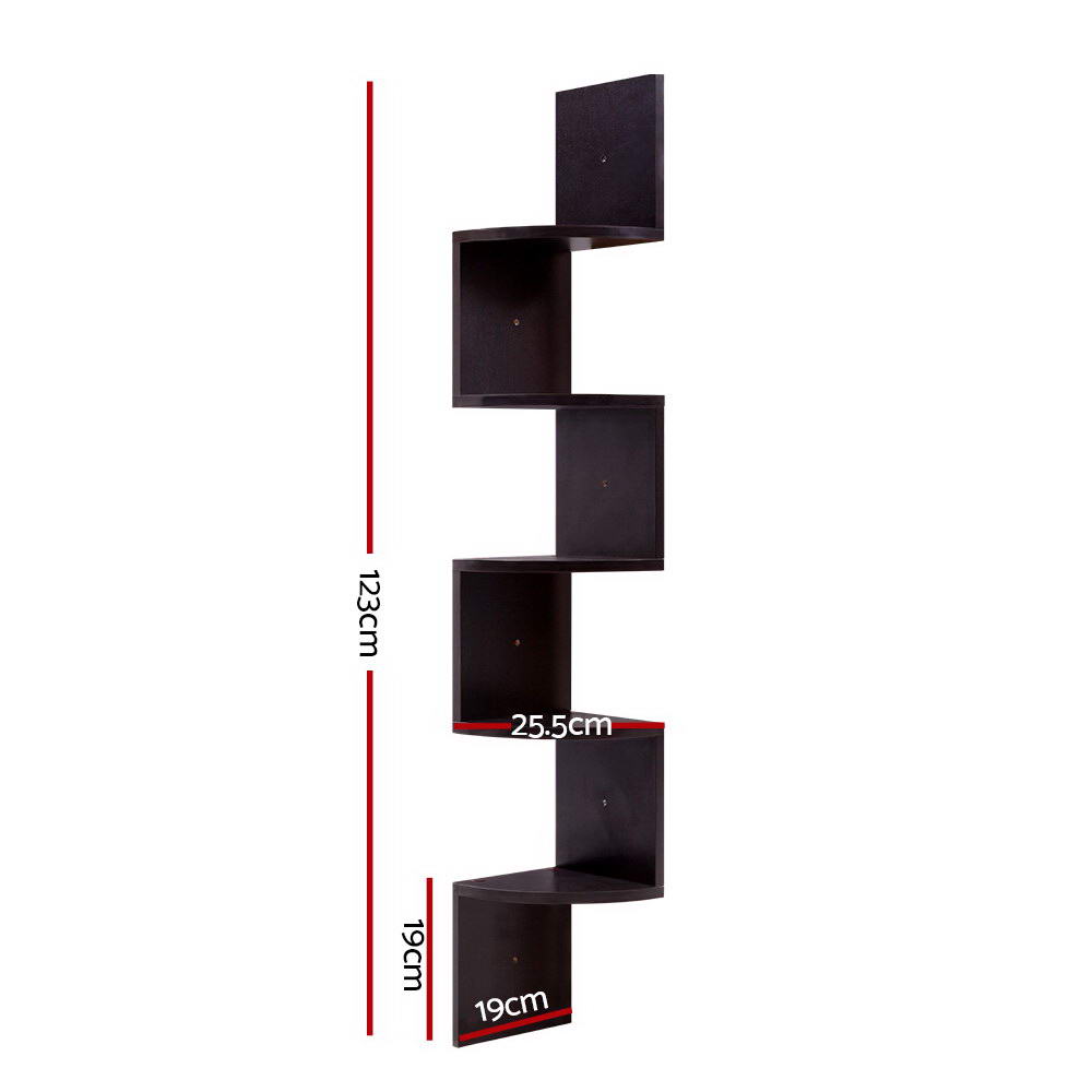 Artiss Zig-Zag 5-Tier Floating Corner Shelf - Brown Wall-Mounted Display Rack