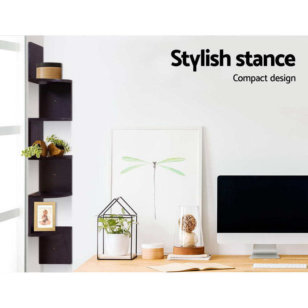 Artiss Zig-Zag 5-Tier Floating Corner Shelf - Brown Wall-Mounted Display Rack