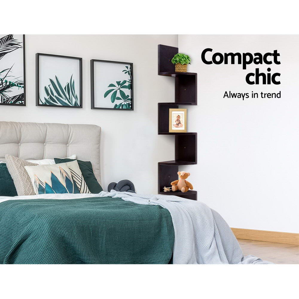 Artiss Zig-Zag 5-Tier Floating Corner Shelf - Brown Wall-Mounted Display Rack