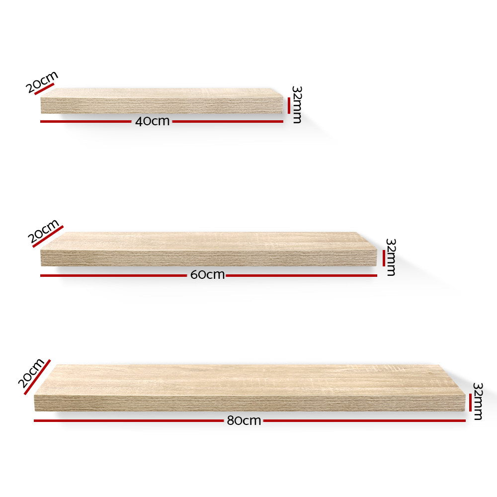Artiss 3-Piece Oak Floating Shelf Set for DIY Wall Storage and Display