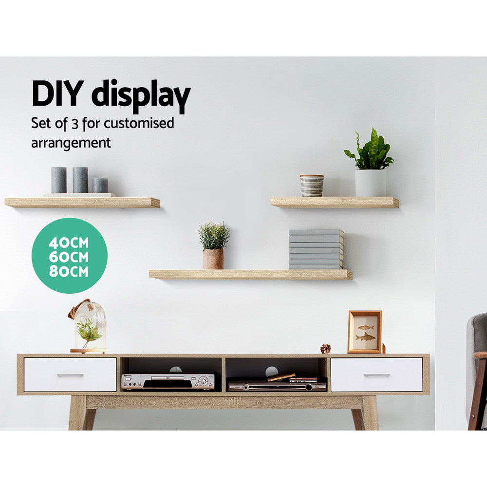 Artiss 3-Piece Oak Floating Shelf Set for DIY Wall Storage and Display