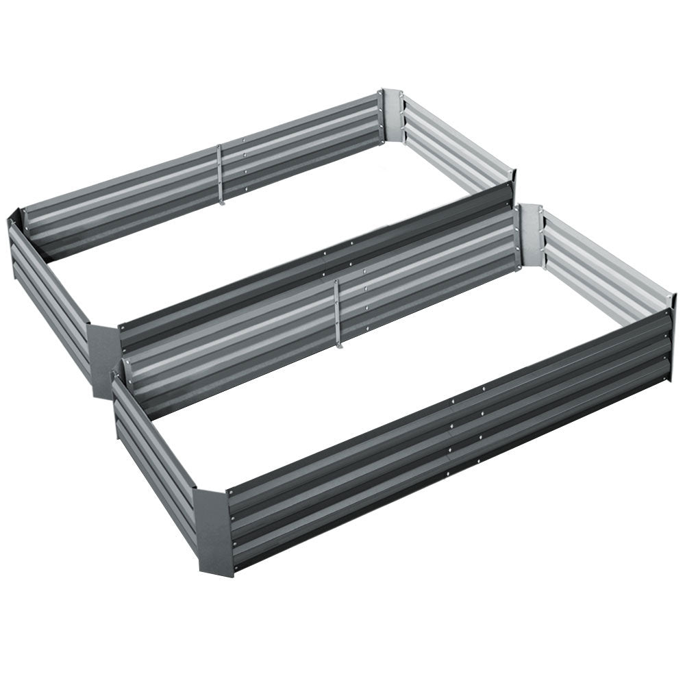 Set of 2 Aluminium Grey Galvanised Steel Raised Planters - 210x90x30cm