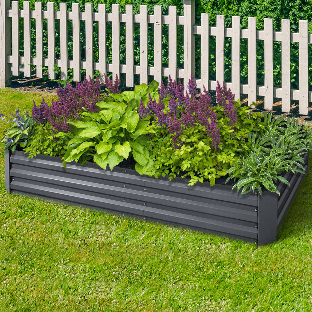 Set of 2 Aluminium Grey Galvanised Steel Raised Planters - 210x90x30cm