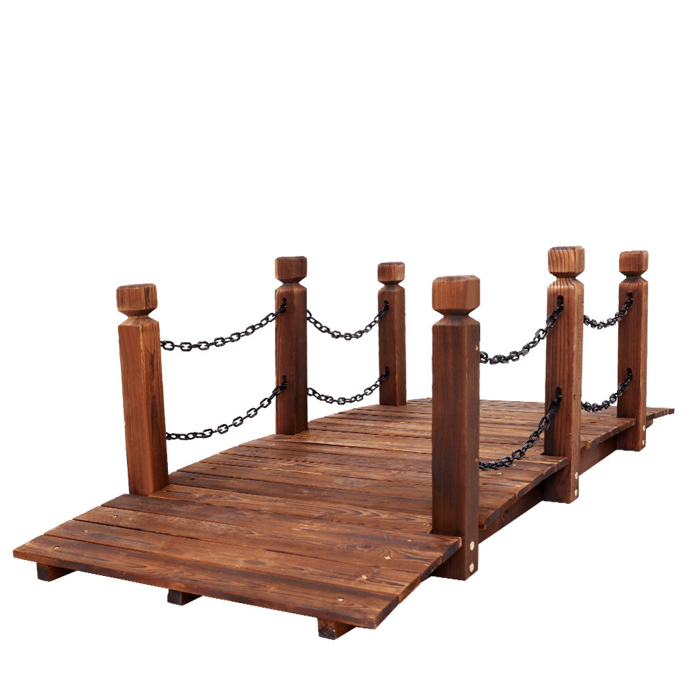 Charming Rustic Wooden Garden Bridge with Chain Rail - 160cm Outdoor Decor