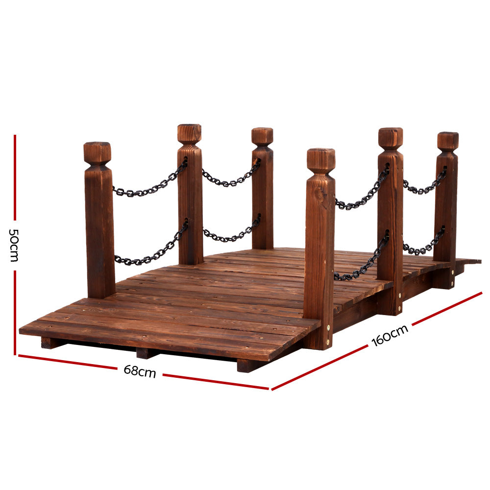 Charming Rustic Wooden Garden Bridge with Chain Rail - 160cm Outdoor Decor