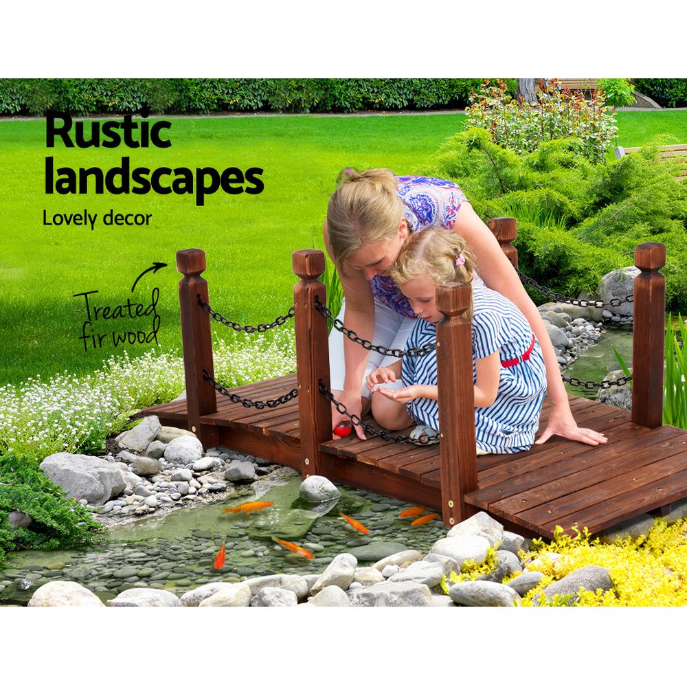 Charming Rustic Wooden Garden Bridge with Chain Rail - 160cm Outdoor Decor