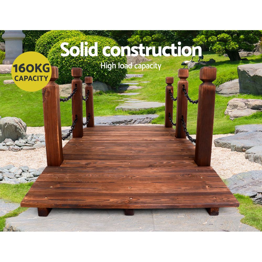 Charming Rustic Wooden Garden Bridge with Chain Rail - 160cm Outdoor Decor
