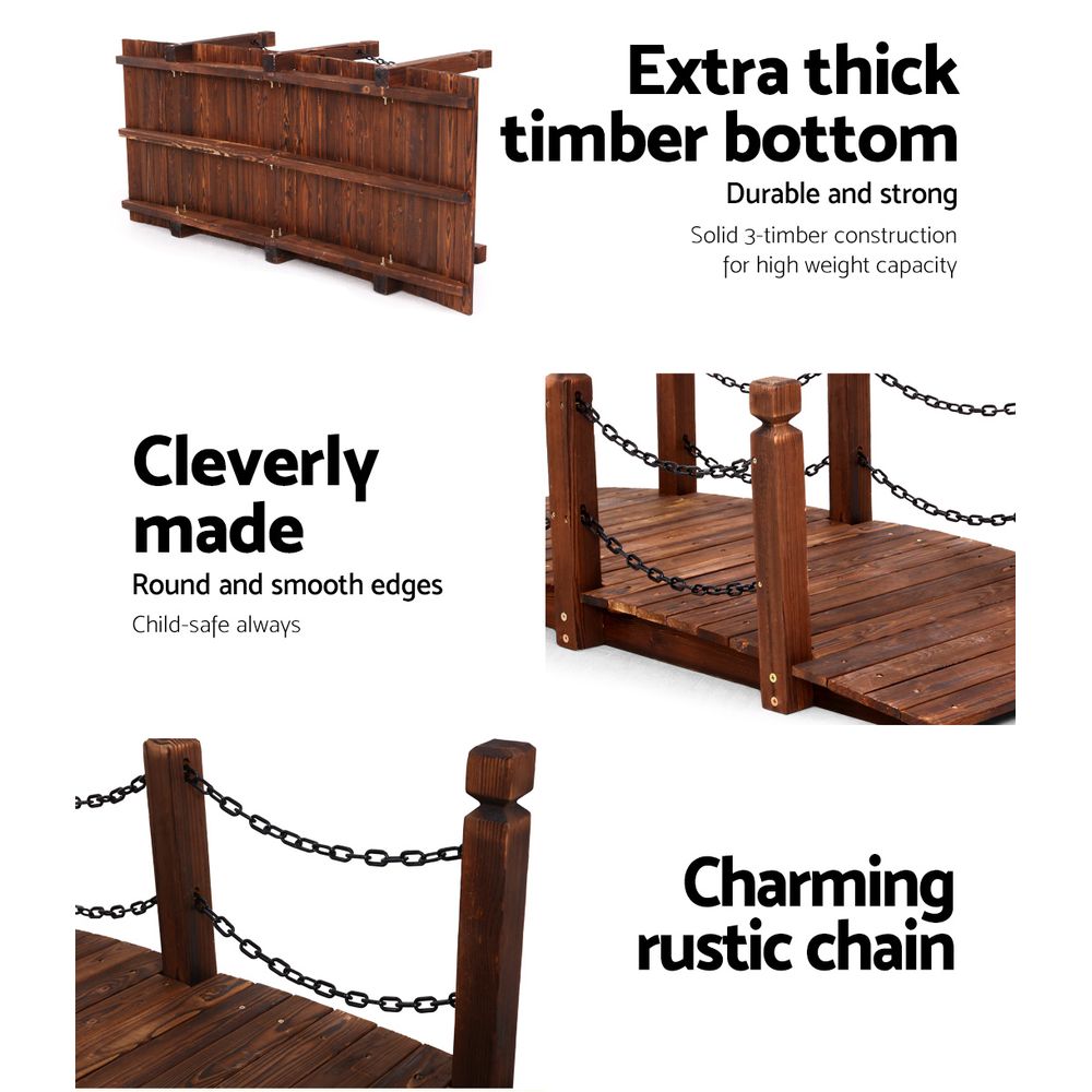 Charming Rustic Wooden Garden Bridge with Chain Rail - 160cm Outdoor Decor