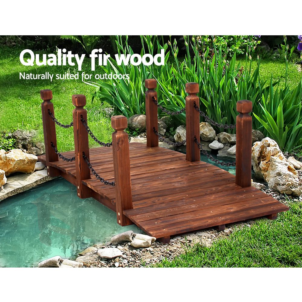 Charming Rustic Wooden Garden Bridge with Chain Rail - 160cm Outdoor Decor