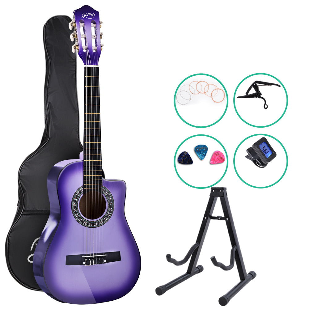 Alpha 34" Purple Classical Acoustic Guitar for Kids - 1/2 Size Cutaway with Capo, Tuner & Accessories
