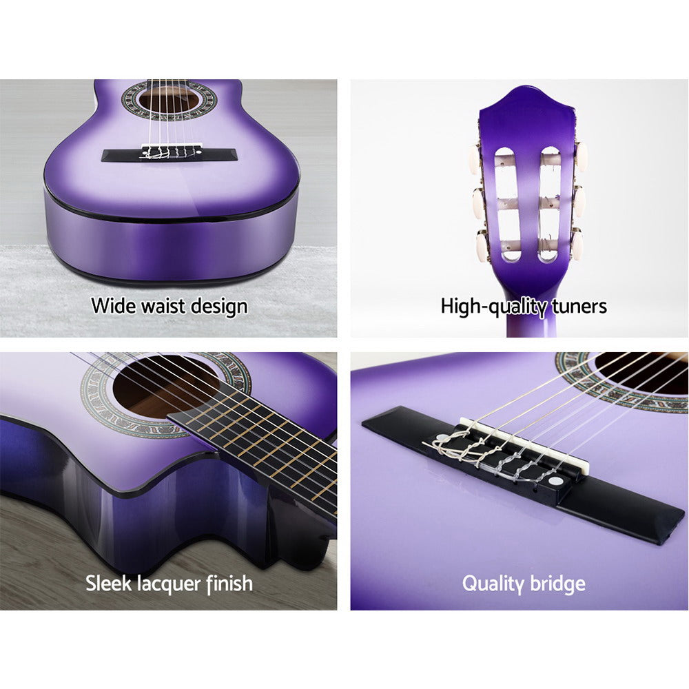 Alpha 34" Purple Classical Acoustic Guitar for Kids - 1/2 Size Cutaway with Capo, Tuner & Accessories