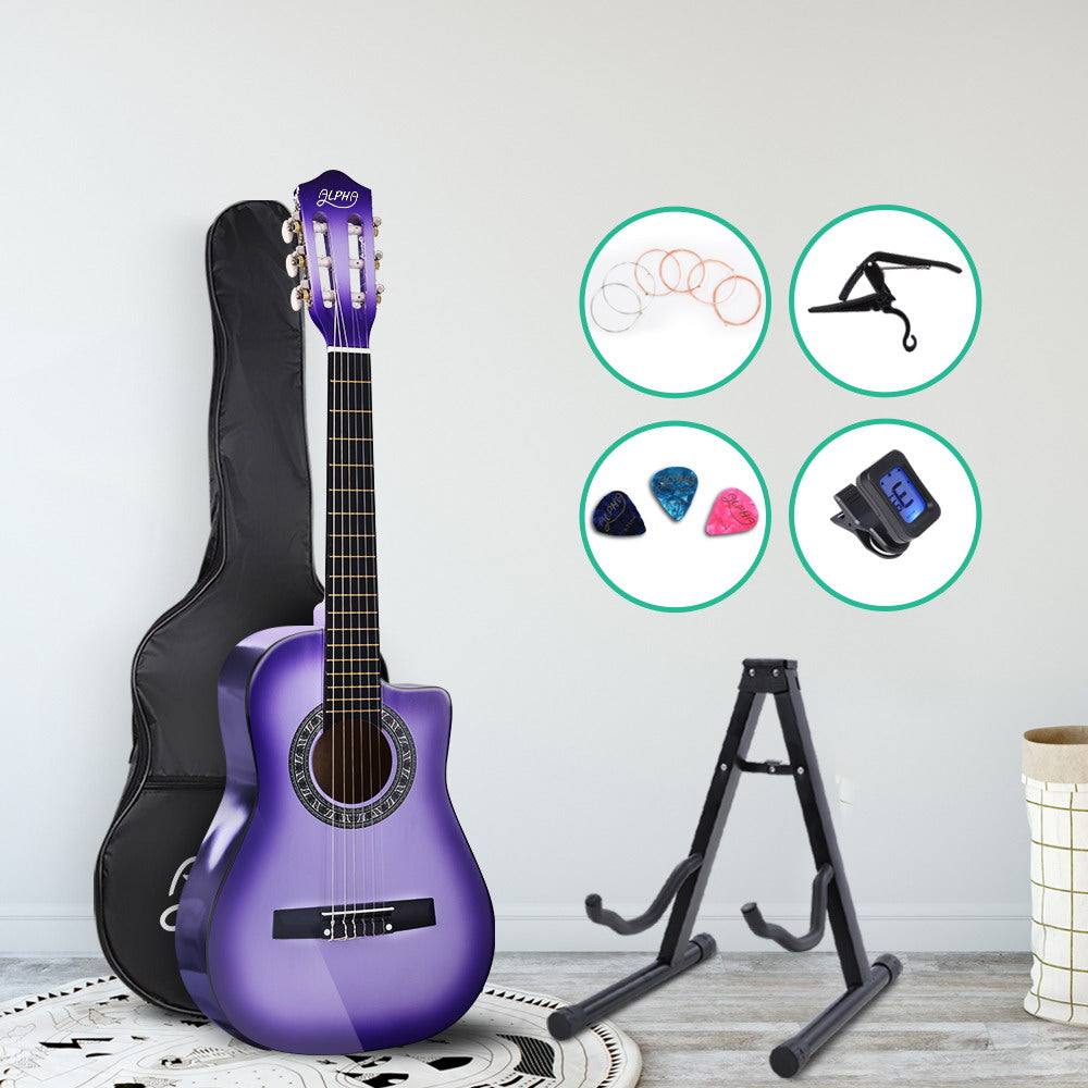 Alpha 34" Purple Classical Acoustic Guitar for Kids - 1/2 Size Cutaway with Capo, Tuner & Accessories