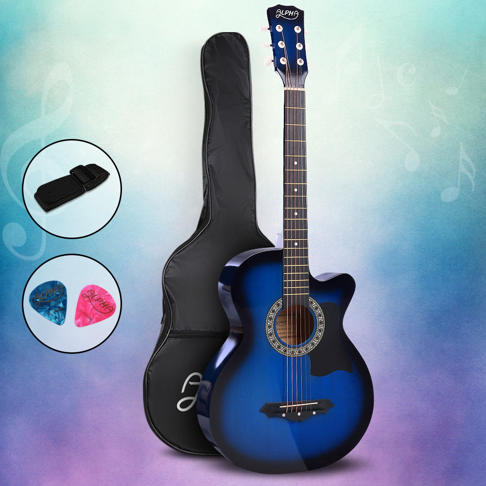 Alpha 38 Inch Acoustic Guitar Wooden Body Steel String Full Size Cutaway Blue