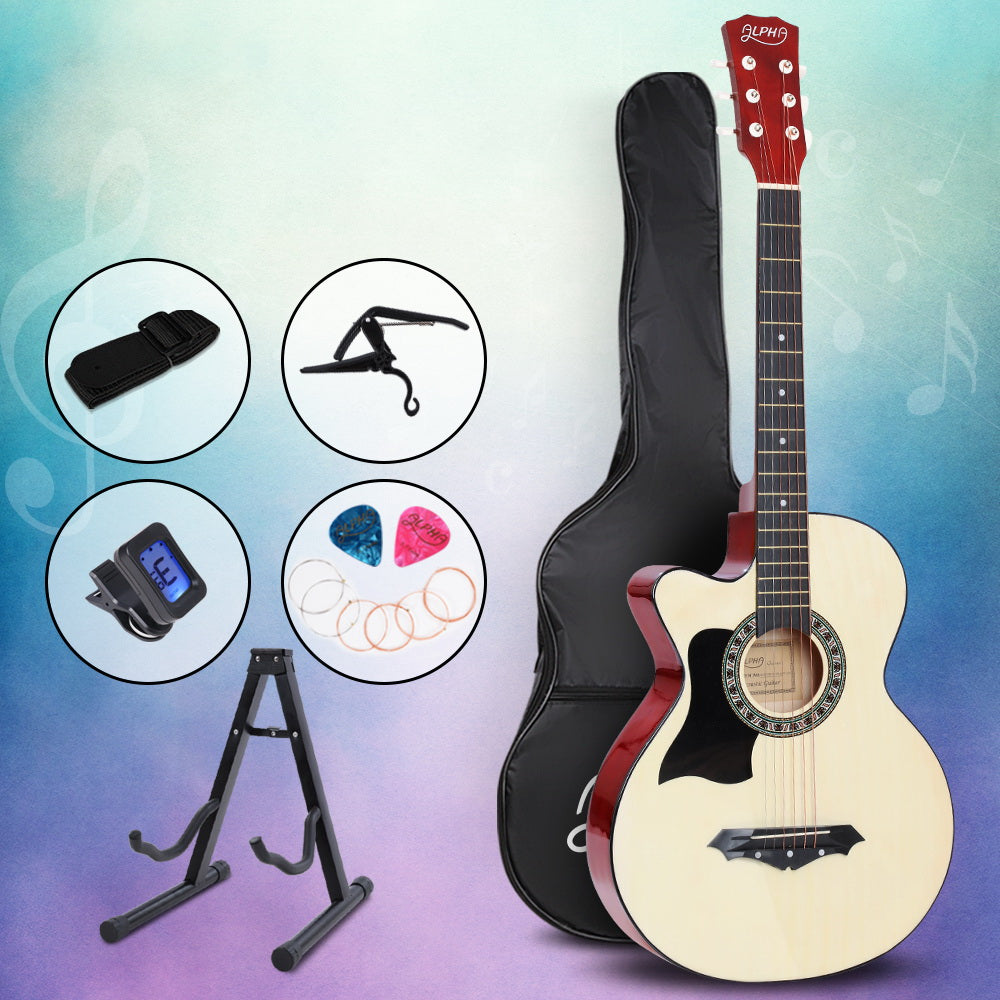 Left-Handed ALPHA 38 Natural Wood Acoustic Guitar with Complete Accessories Set