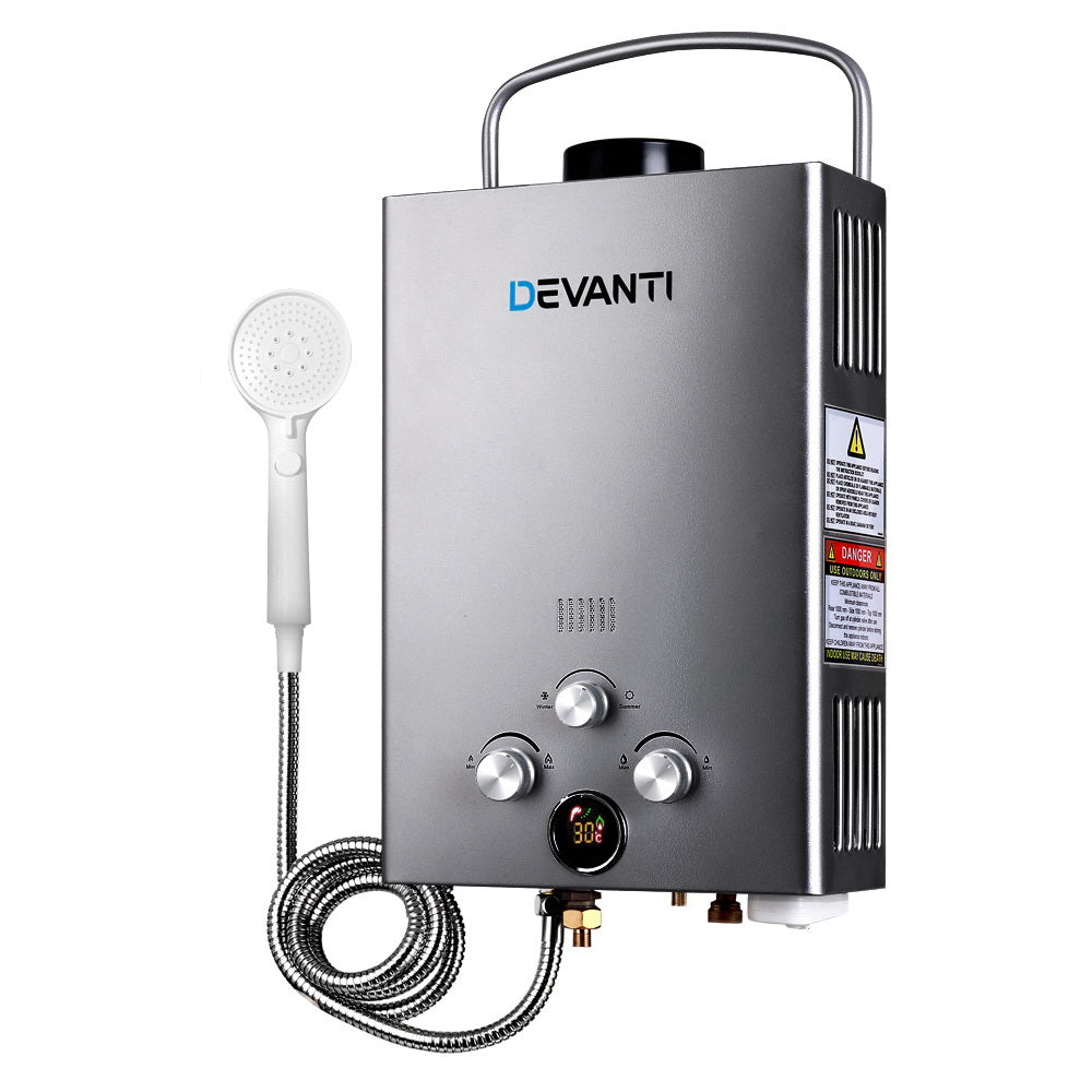 Devanti 8LPM Portable Outdoor Camping Gas Water Heater - Grey Shower Solution