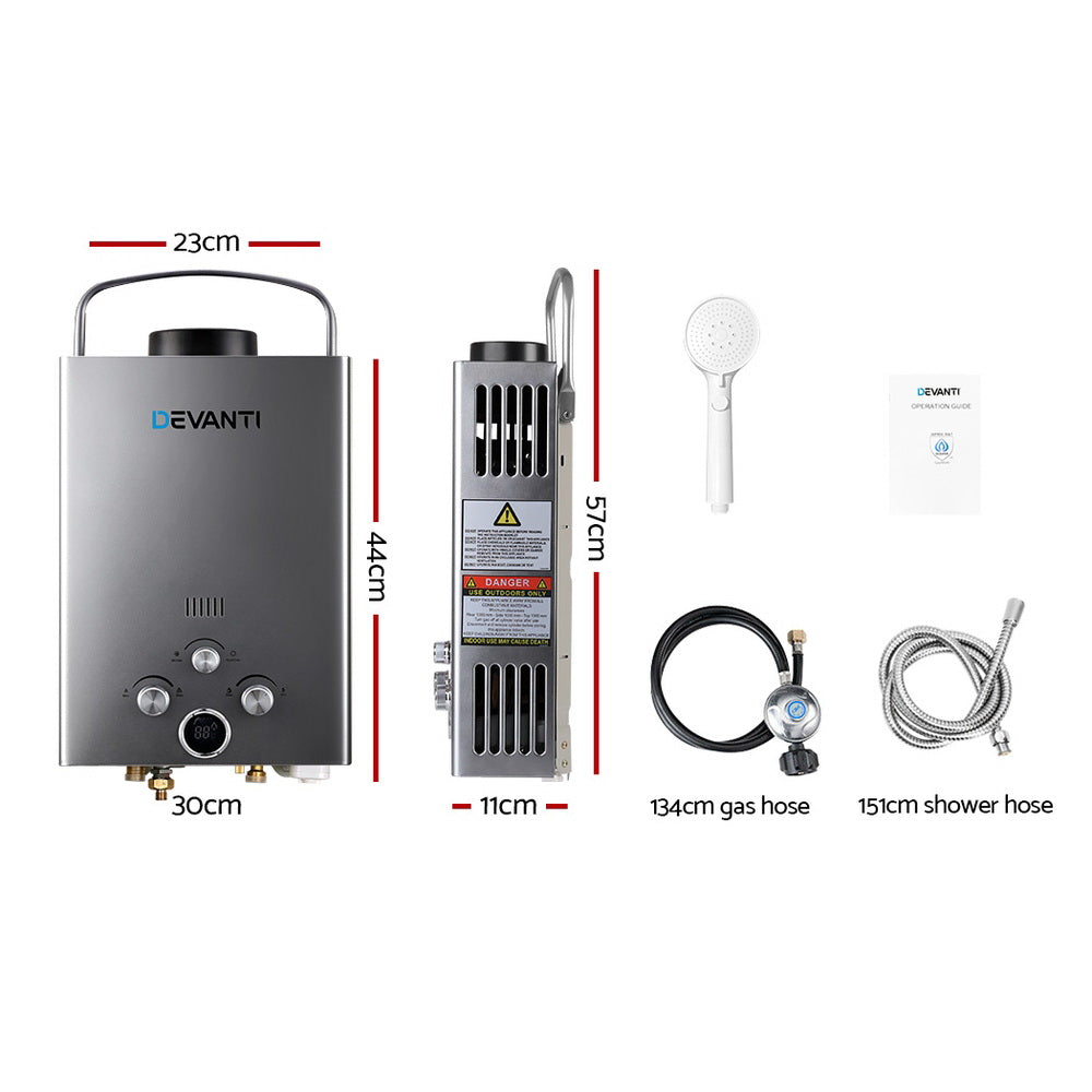 Devanti 8LPM Portable Outdoor Camping Gas Water Heater - Grey Shower Solution