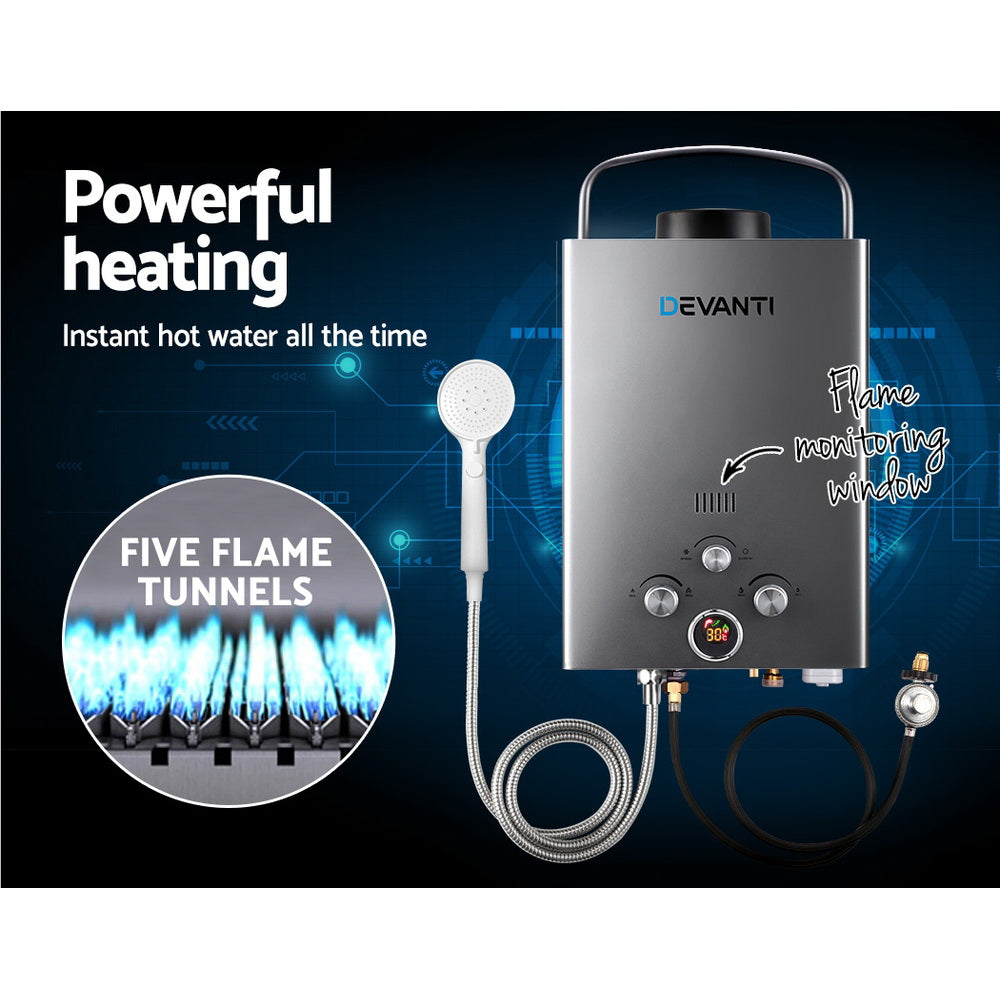 Devanti 8LPM Portable Outdoor Camping Gas Water Heater - Grey Shower Solution