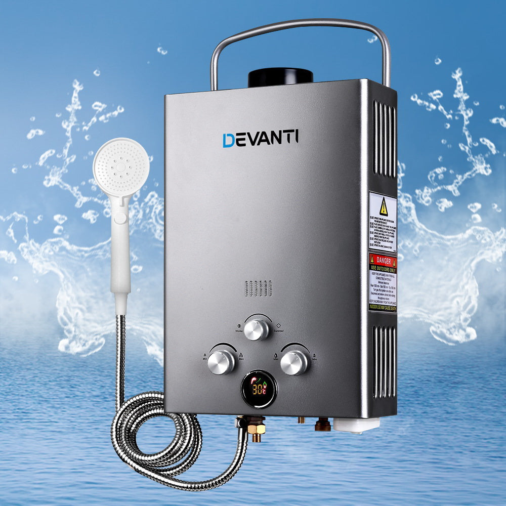 Devanti 8LPM Portable Outdoor Camping Gas Water Heater - Grey Shower Solution