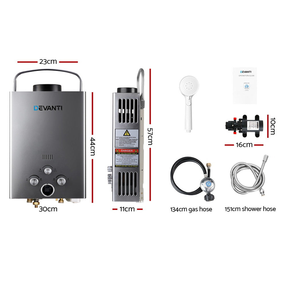 Portable Outdoor 12V Gas Hot Water Heater for Camping Showers - Devanti Grey