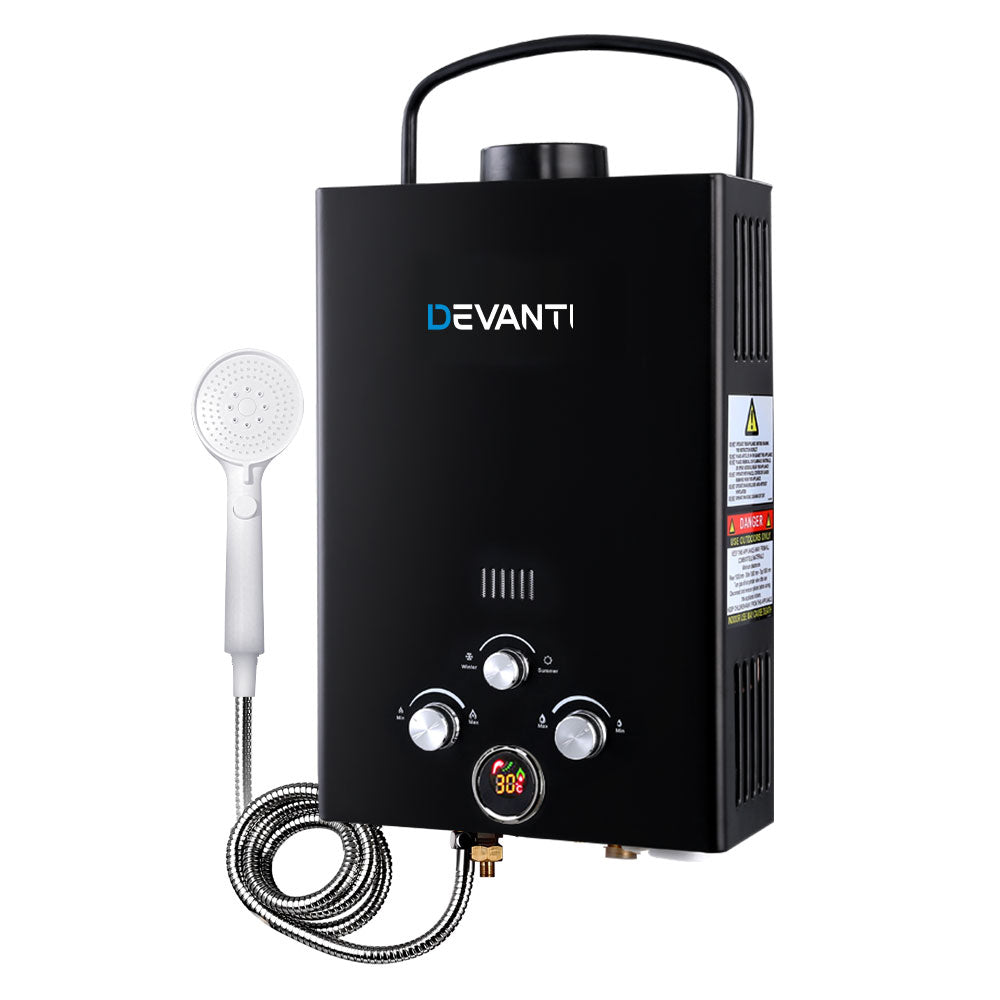 Devanti Portable 8LPM Gas Water Heater for Camping and Outdoor Showers - Black