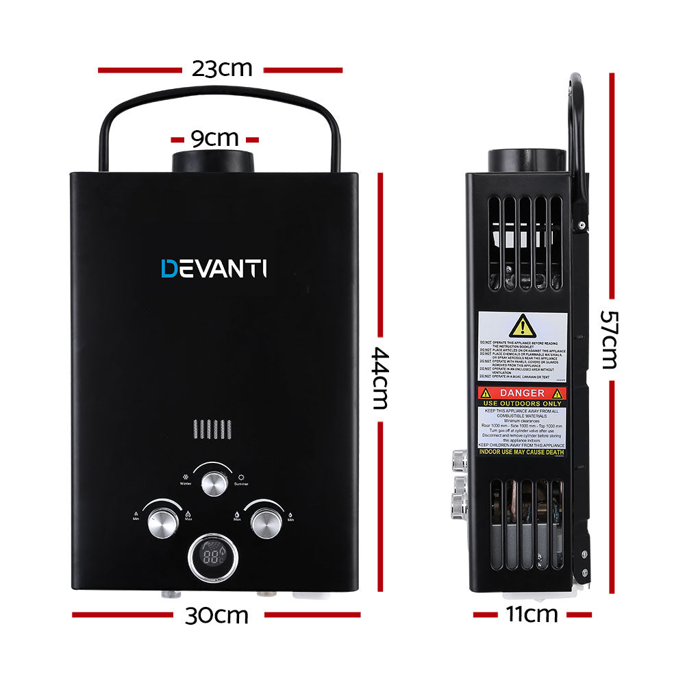 Devanti Portable 8LPM Gas Water Heater for Camping and Outdoor Showers - Black