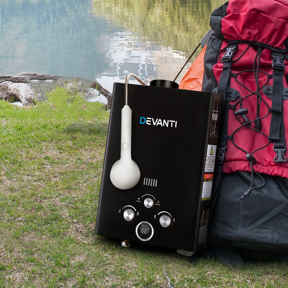 Devanti Portable 8LPM Gas Water Heater for Camping and Outdoor Showers - Black
