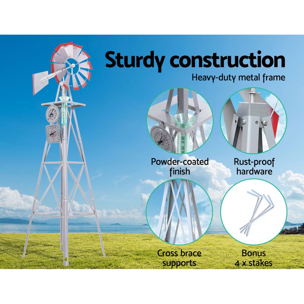 8FT Rustic Metal Garden Windmill with Integrated Weather Vane and Outdoor Charm
