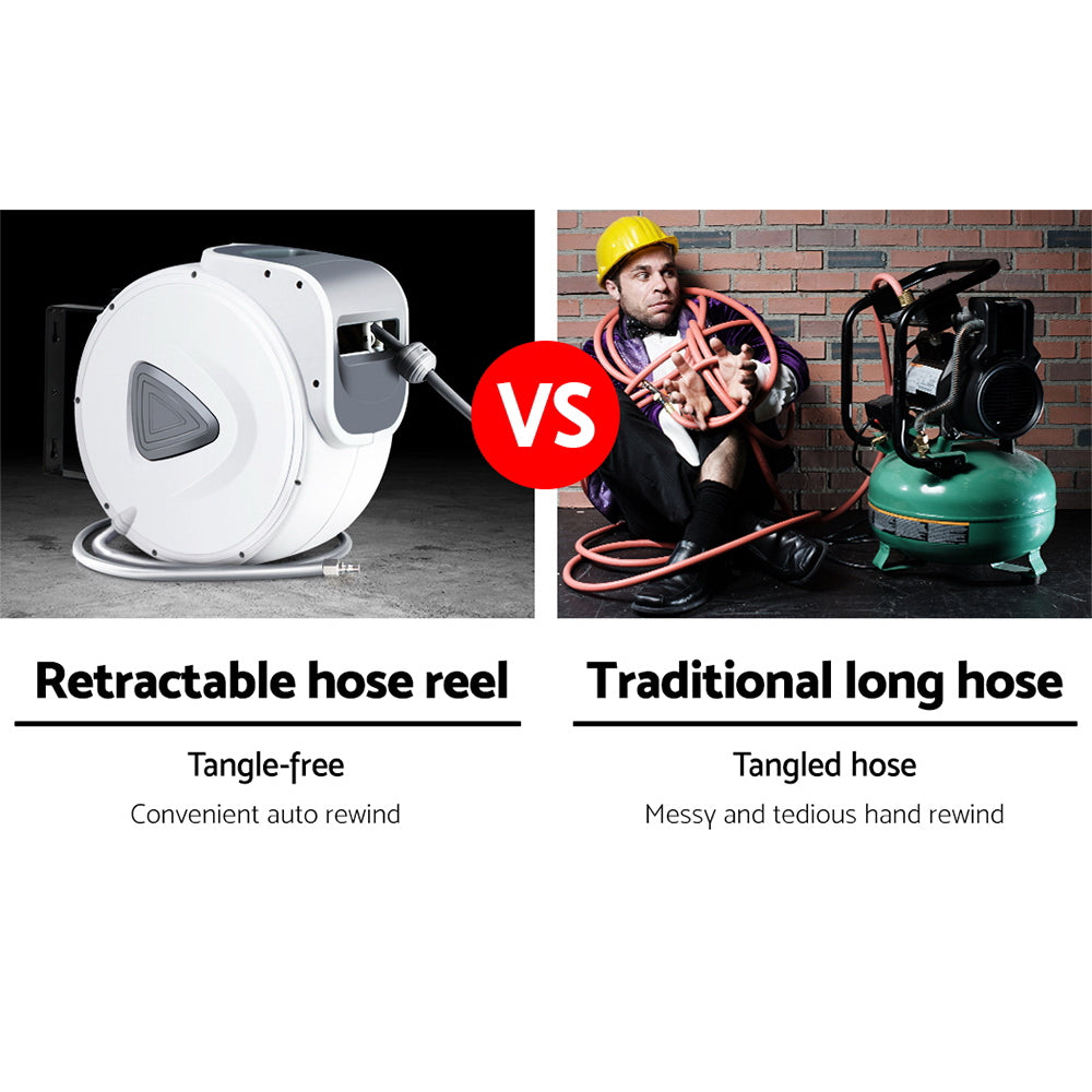 20m Automatic Wall-Mounted Air Hose Reel with 180° Swivel and Self-Layering Mechanism