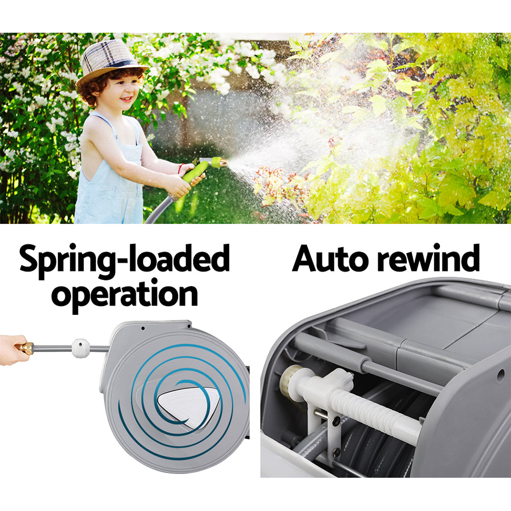 20M Automatic Retractable Garden Hose Reel with Wall Mount and Spray Gun