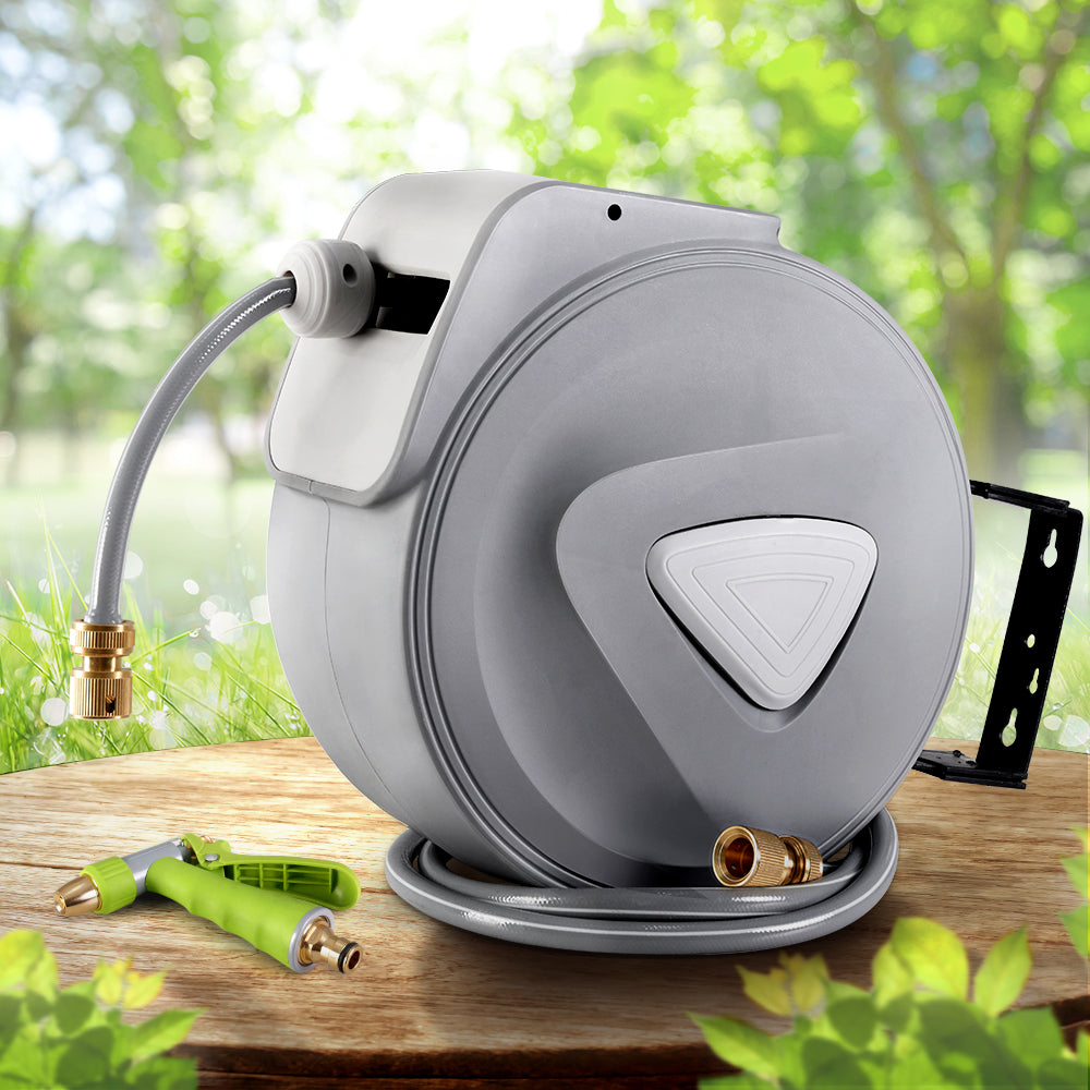 20M Automatic Retractable Garden Hose Reel with Wall Mount and Spray Gun