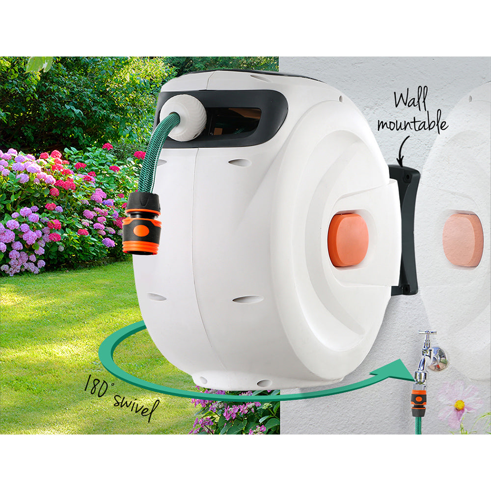 Greenfingers 10M Wall-Mounted Automatic Hose Reel with Versatile Spray Gun - Effortless Garden Watering Solution