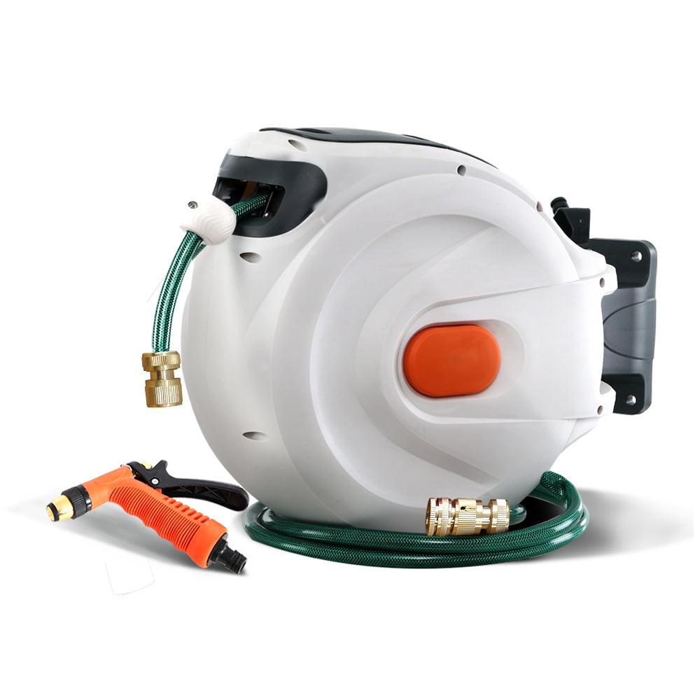 Compact 20M Automatic Hose Reel with Versatile Brass Spray Gun and 180° Swivel Bracket