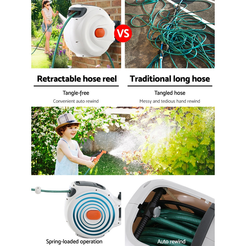 Compact 20M Automatic Hose Reel with Versatile Brass Spray Gun and 180° Swivel Bracket