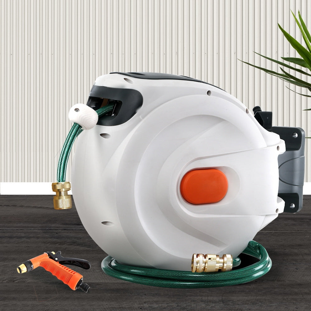 Compact 20M Automatic Hose Reel with Versatile Brass Spray Gun and 180° Swivel Bracket